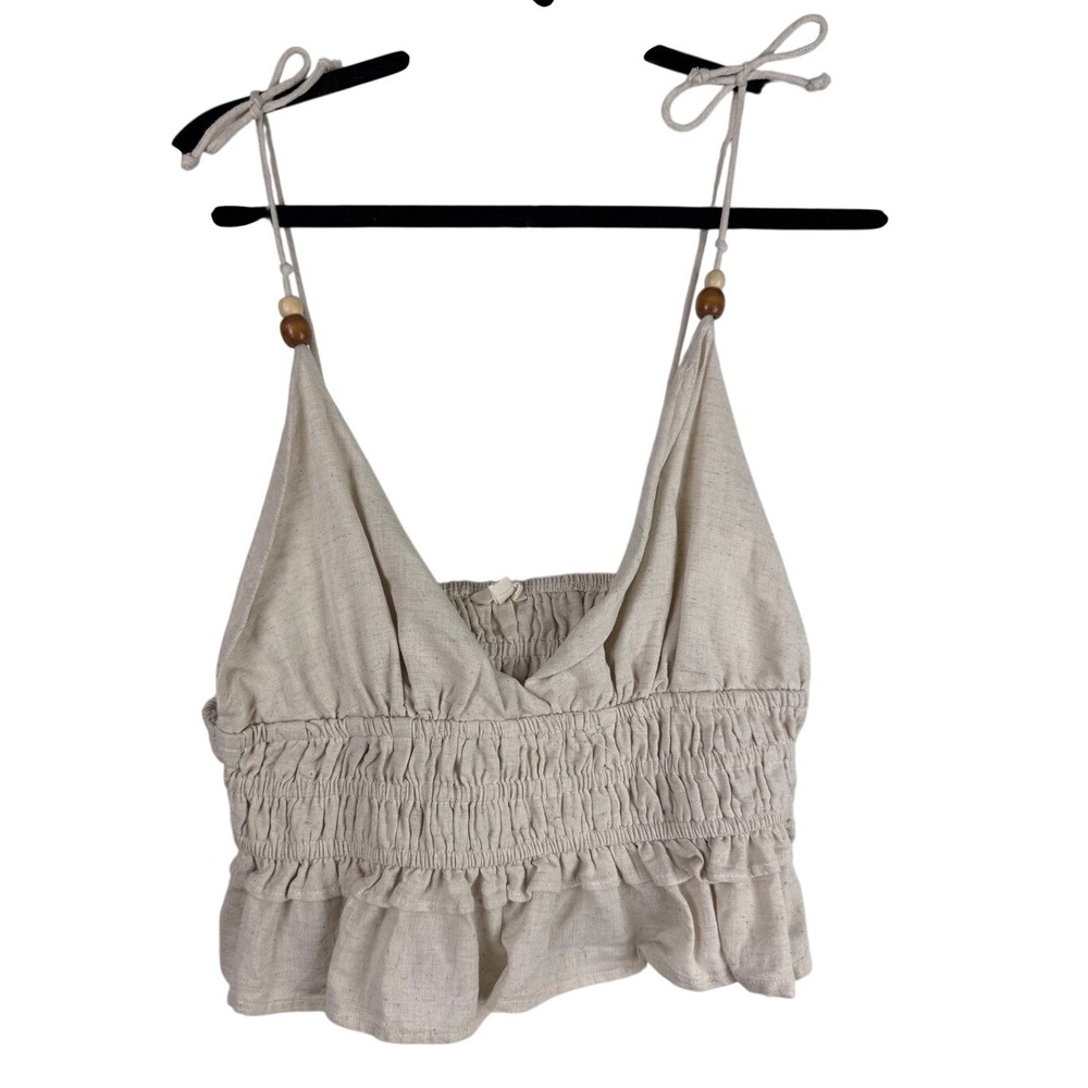 Sim & Sam Womens Linen Blend Smocked Crop Top Natural Beige L Coastal Boho NWT